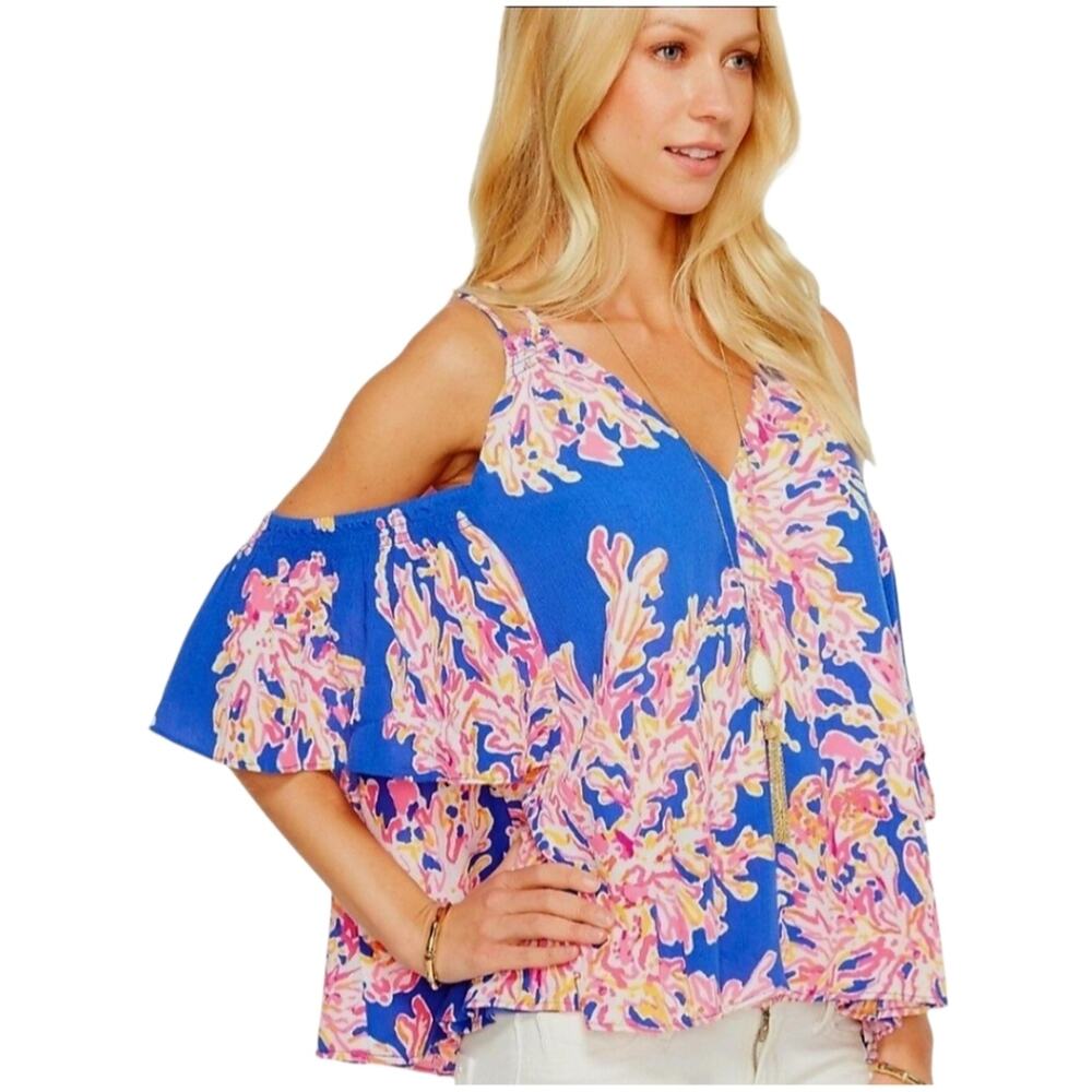 Lilly Pulitzer Bellamie Cold Shoulder Top XL Its Eelectric Print